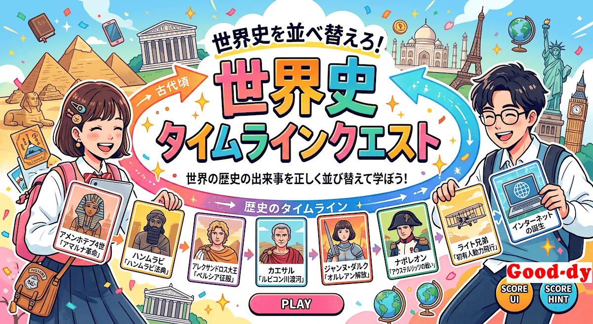 世界史タイムライン - 時代や出来事を年代順に並べる社会（世界史）の学習ゲーム